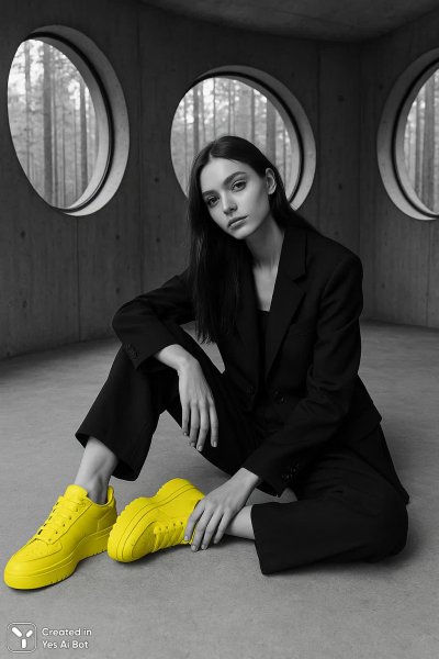 Молодая женщина в бетонной комнате с ярким акцентом. Картинка из нейросети Sora Images