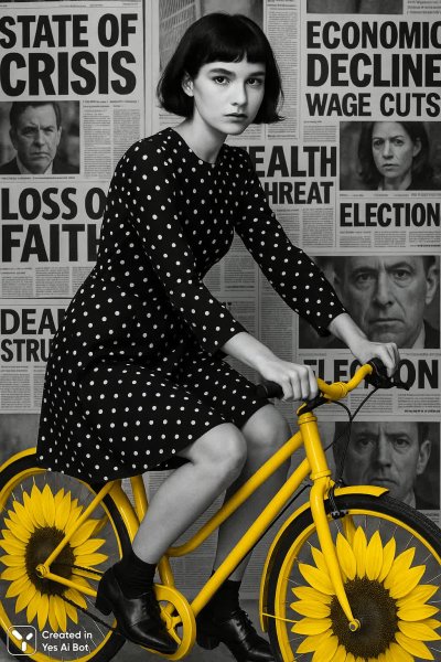 Яркий акцент: женщина на велосипеде в черно-белом мире новостей и лиц. Генерация из нейронной сети Sora