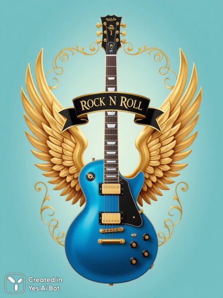 Электрическая гитара в сине-золотом великолепии: триумф рок-н-ролла и музыкальной страсти. Генерация из нейросети Flux.1