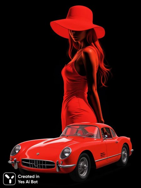 Красная женщина и винтажный автомобиль: загадочный силуэт в стиле ар-деко. Генерация из нейронной сети Flux Ai