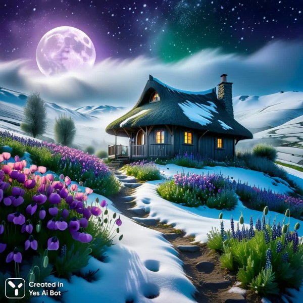 Зачарованный мир: сказочный пейзаж под лунным сиянием и звездным небом. Нейросеть Stable Diffusion
