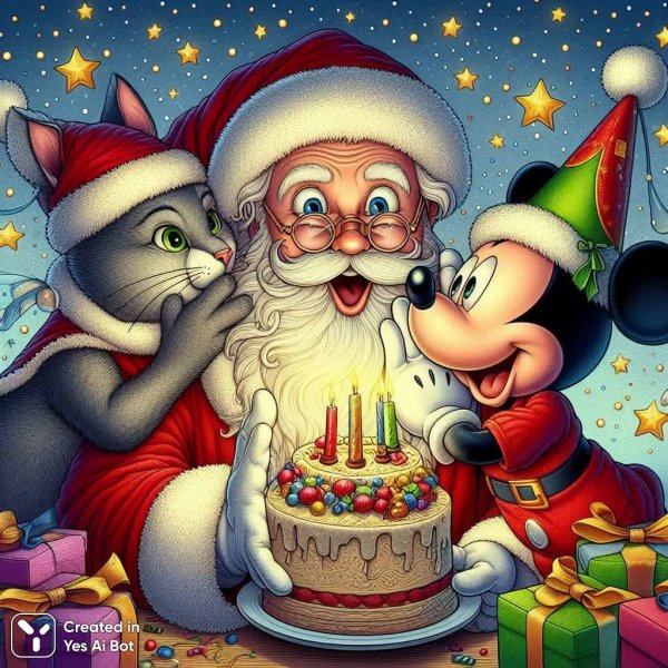 Праздничные секреты Деда Мороза и Микки Мауса: волшебный день рождения. Картинка из нейросети Dalle