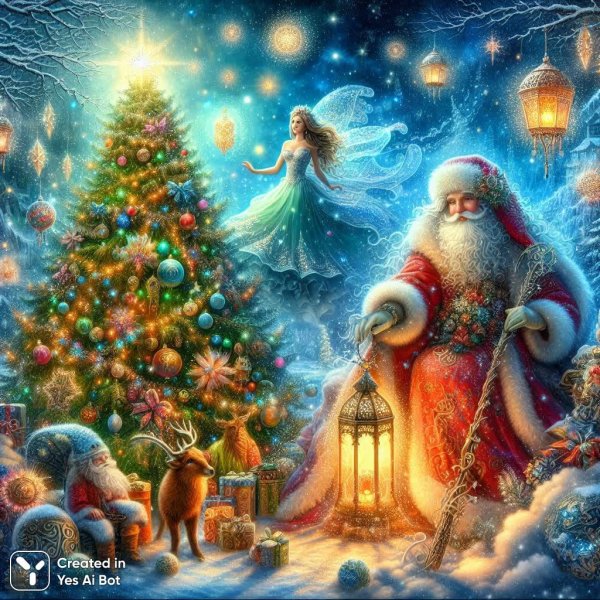 Волшебное путешествие к Новому 2026 году: Сказка с Дедом Морозом и Снегурочкой. Изображение из нейронной сети Dalle