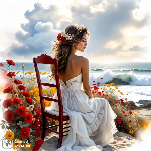 Загадочная дама на фоне морского побережья и увядших цветов. Изображение из нейросети Stable Diffusion