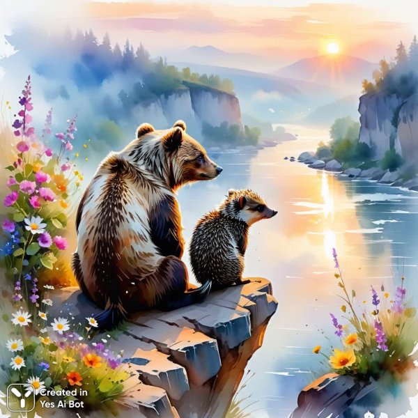 Закат над утесом: медведь и ежик в туманной реке. Изображение из нейронной сети Stable Diffusion