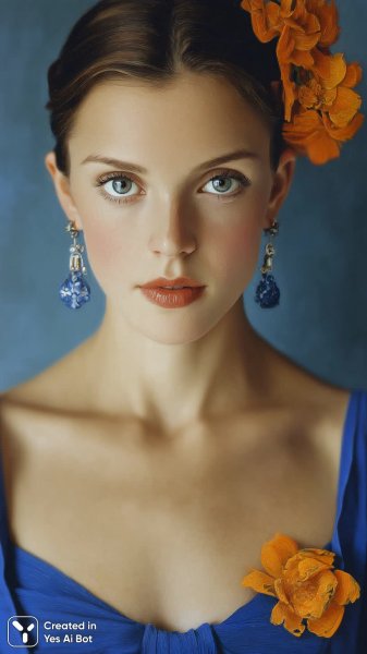 Современный женский портрет: оранжево-синий акцент и белый фон. Генерация из нейронной сети Миджорни
