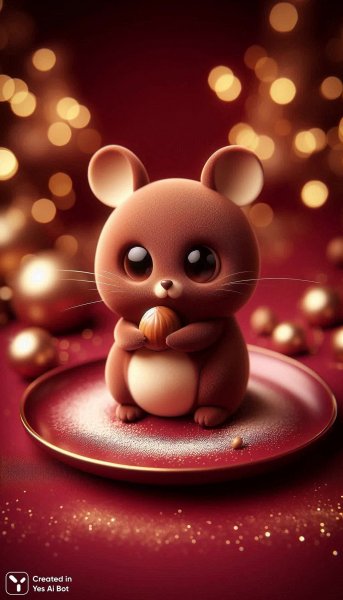 Изысканный шоколадный бельчонок: десерт на алом блюде с орехом и золотым светом. Нейросеть Dalle