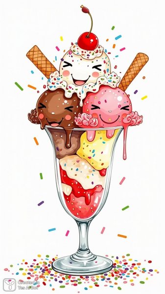 Иллюстрация наивного искусства: восхитительный десерт в высоком стакане с клубникой и шоколадом. Генерация из нейронной сети Flux 1