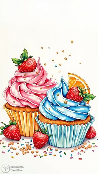 Яркие капкейки с клубникой и мятой: сказочный рисунок для раскрашивания. Генерация из нейросети Flux Ai