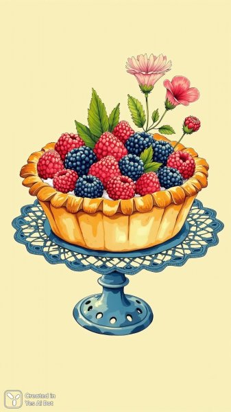 Яркий пирог с ягодами: иллюстрация в стиле народного искусства для раскраски. Изображение из нейросети Flux