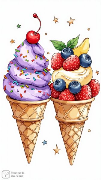 Веселые рожки мороженого: сказочный десерт в ярких красках и звездах. Генерация из нейронной сети Flux 1