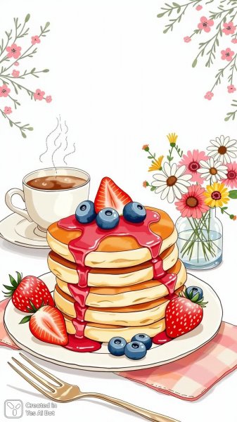 Сладкое утро: блины с ягодами и кофе. Нейросеть Flux Ai