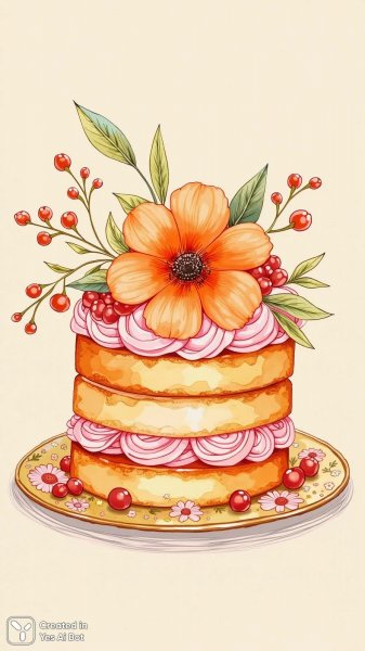 Нежный торт в наивном стиле: яркий цветок и пастельный фон. Нейронная сеть Flux