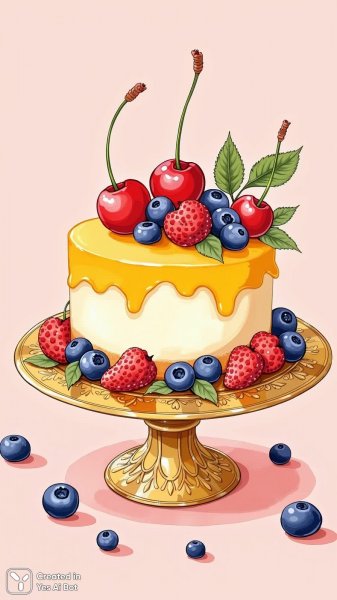 Яркий торт с вишней и ягодами: восхитительная иллюстрация для детской книжки. Нейросеть Flux Ai