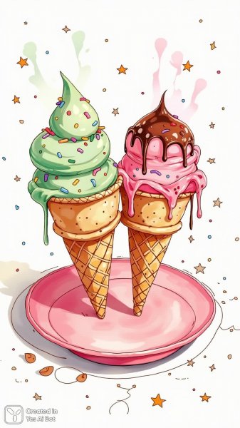 Летнее лакомство: мороженое на розовой тарелке в акварельной иллюстрации. Изображение из нейронной сети Flux.1