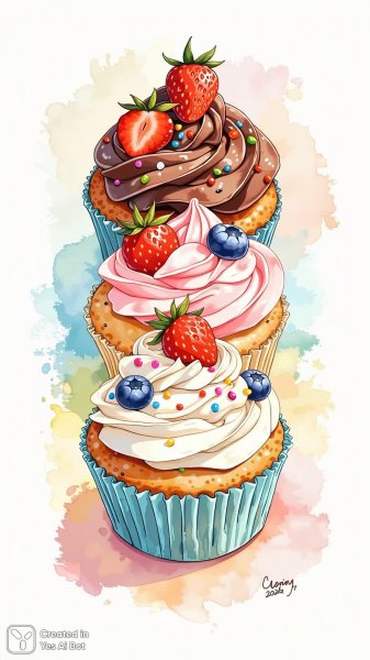 Яркие капкейки в треугольнике: сладости для раскрашивания и хорошего настроения. Картинка из нейронной сети Flux 1