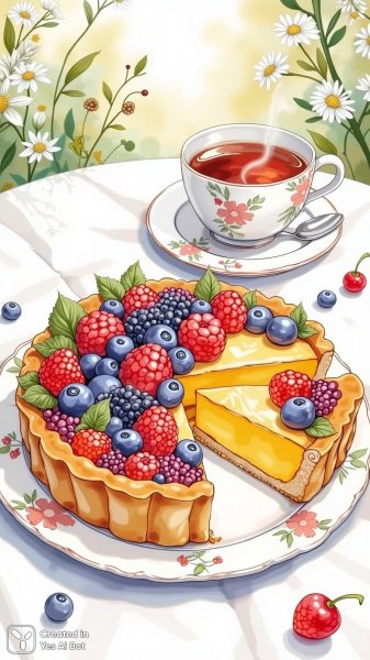 Ягодный пирог в стиле фольклорного искусства и уютная атмосфера. Нейросеть Flux Ai