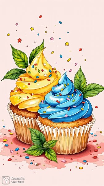 Яркие капкейки с цветным кремом и свежей мятой на розовом фоне со звёздами. Картинка из нейронной сети Flux