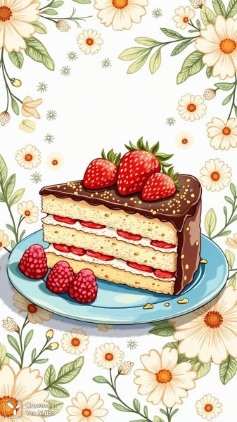 Нежный торт с клубникой и золотыми листьями на голубом блюдечке. Генерация из нейросети Flux.1