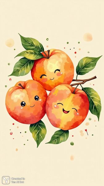 Игривое трио персиков: летнее настроение в стиле наивного искусства. Нейронная сеть Flux Ai