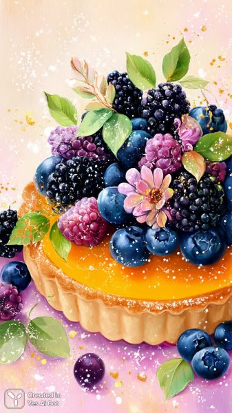 Яркий пирог с ягодами и звездным фоном. Картинка из нейросети Midjourney