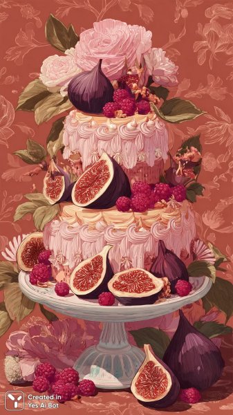 Яркий торт в народном стиле с сочными ягодами и фруктами на декоративной тарелке. Генерация из нейросети Midjourney