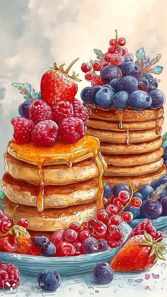 Сладкие стопки блинчиков с ягодами и сиропом. Картинка из нейросети Midjourney