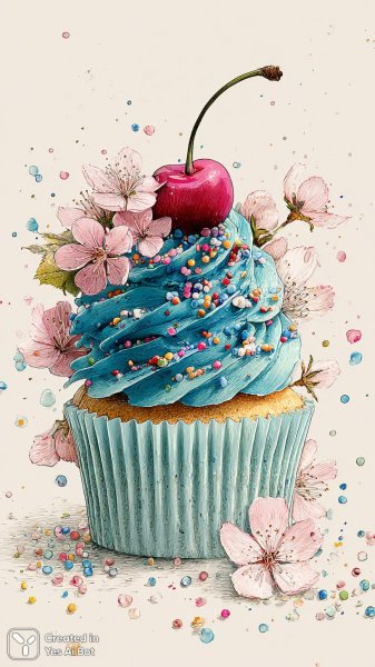 Весёлый кекс с голубым кремом и яркими украшениями в игривом стиле. Нейронная сеть Миджорни