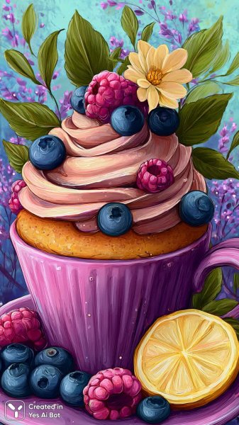 Милый капкейк с ягодами и лимоном: раскраска для души. Изображение из нейронной сети Midjourney