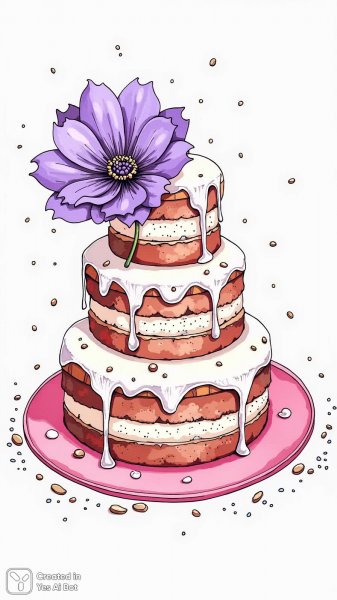 Торт с фиалкой: изящная иллюстрация для раскраски взрослых и детей. Изображение из нейросети Flux 1