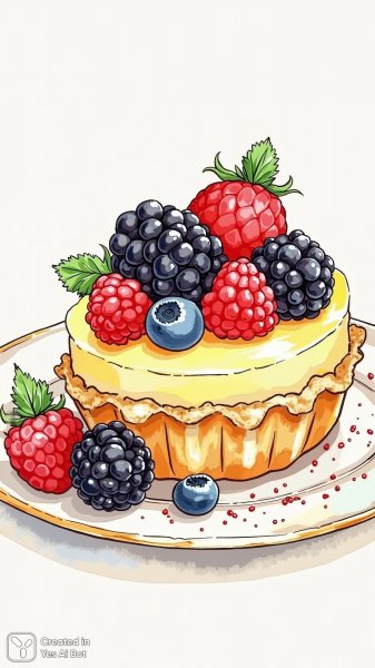 Черно-белый натюрморт с летним пирогом и ягодами. Картинка из нейронной сети Flux Ai