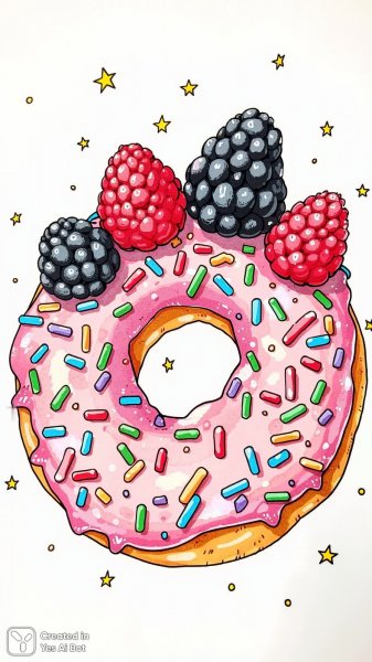 Яркий пончик с ягодами и разноцветными брызгами: сладкая иллюстрация для раскрашивания. Нейросеть Flux 1