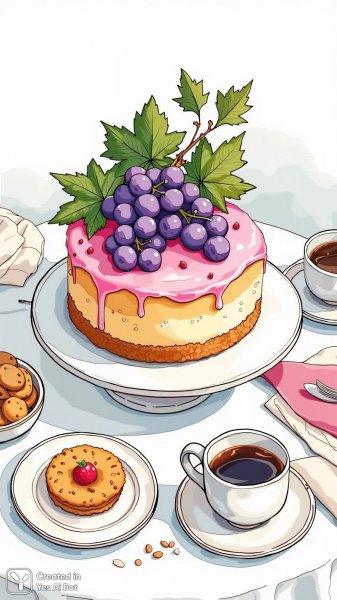 Изысканный десерт: торт с розовым кремом и виноградом. Генерация из нейросети Flux.1