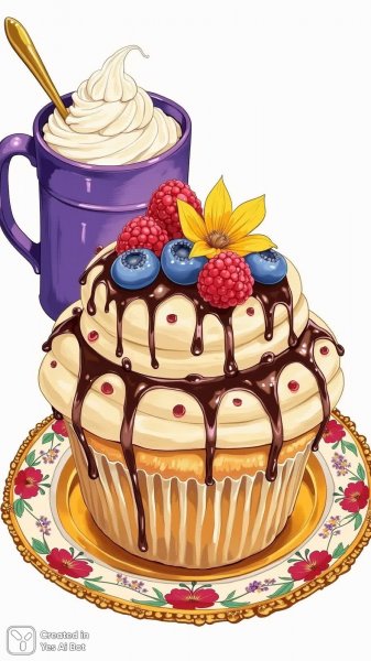 Милый кекс с ягодами и цветами на золотой тарелке для раскраски. Генерация из нейросети Flux