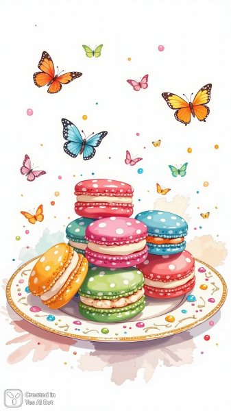 Яркие макарушки на изящной тарелке: праздник красок и бабочек. Картинка из нейросети Flux