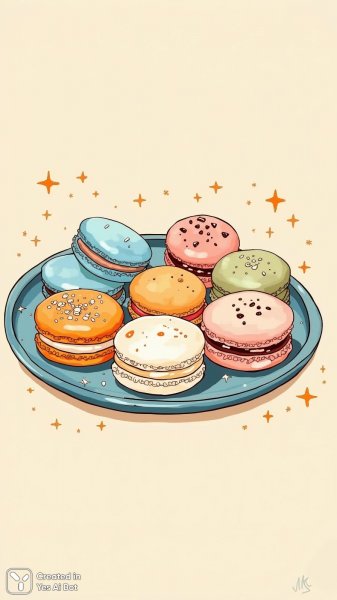 Иллюстрация: сладкое ассорти макаронс в сказочной палитре. Генерация из нейросети Flux