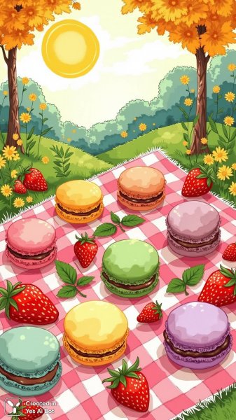 Макаронная вечеринка в стиле народного искусства: яркий и солнечный пикник с ягодами и мятой. Картинка из нейросети Flux 1