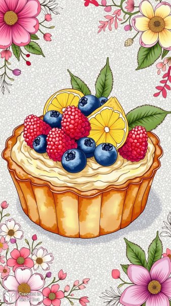 Летний тарт в стиле Zentangle: сочные ягоды и нежный лимонный крем. Генерация из нейронной сети Flux 1