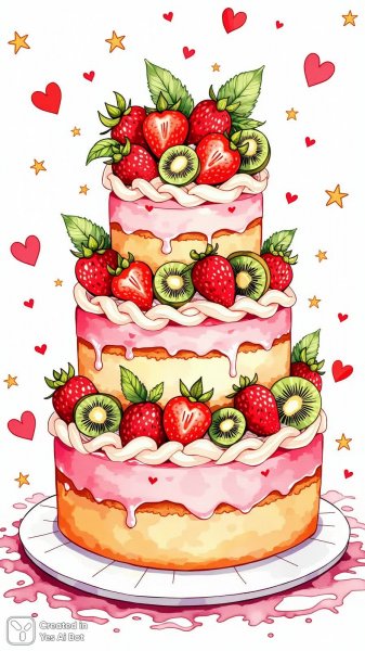 Нежный торт в стиле наивного искусства с клубникой и киви. Генерация из нейронной сети Flux.1