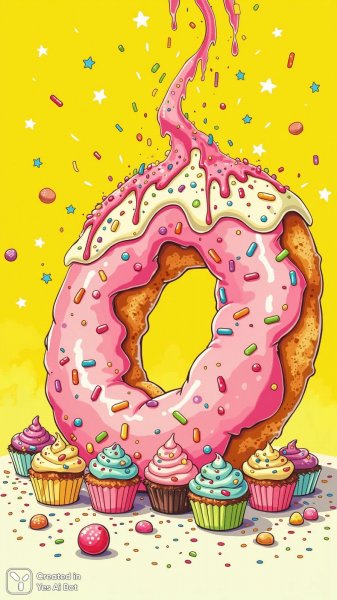 Огромный пончик с яркими посыпками и волшебными сладостями для малышей. Изображение из нейронной сети Flux