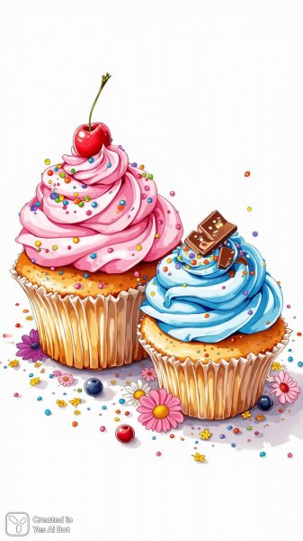 Яркие капкейки в сказочном стиле: раскраска для души и вдохновения. Картинка из нейронной сети Flux 1