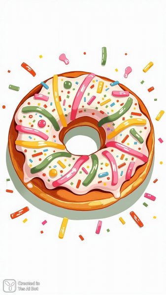 Яркий пончик с разноцветной глазурью и забавными брызгами для детской раскраски. Изображение из нейросети Flux.1