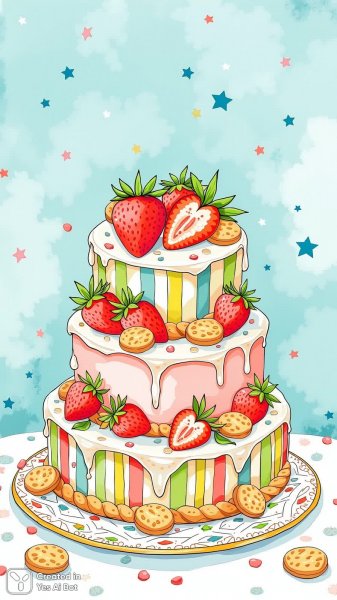 Яркий торт с клубникой и печеньем в раскраске для детей. Нейронная сеть Flux 1