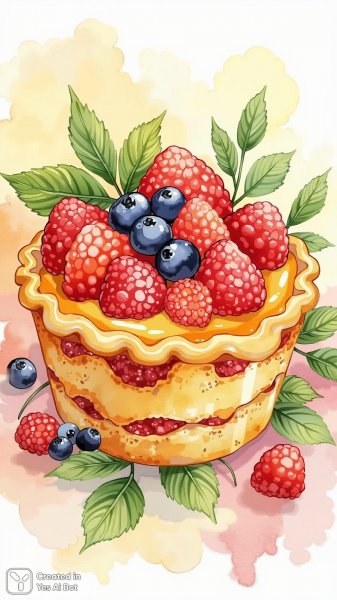 Сочная фруктовая тарталенка в стиле фольклорного искусства. Картинка из нейросети Flux Ai