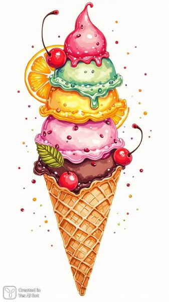 Яркий пломбир в вафельном рожке: наивное искусство для раскрашивания. Изображение из нейросети Flux Ai