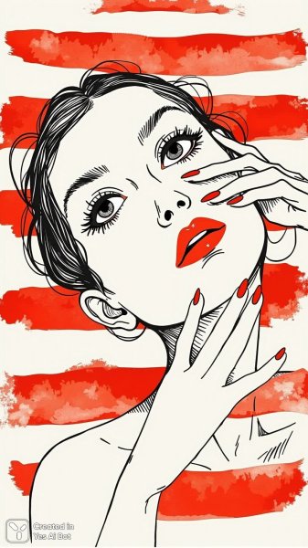 Красные акценты и минимализм в женском портрете. Картинка из нейронной сети Flux