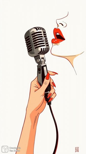 Рука с алым маникюром и микрофон в минималистичном стиле. Изображение из нейронной сети Flux.1