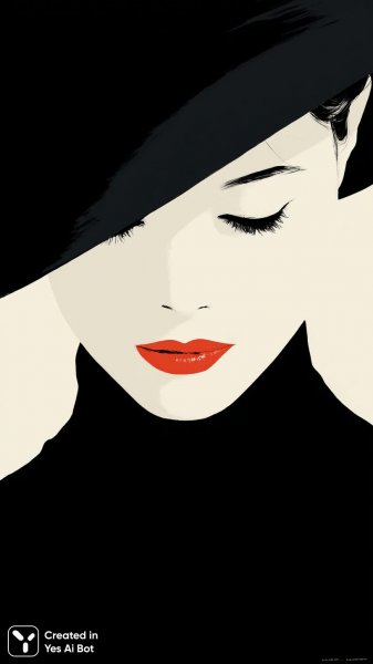 Минималистичный портрет женщины в черной шляпе с красной помадой на фоне полосок. Картинка из нейросети Midjourney