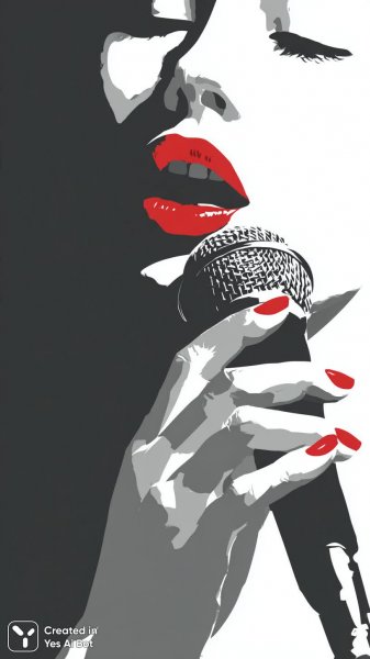 Микрофон, красные ногти и яркая помада в стиле минимализм. Изображение из нейросети Миджорни