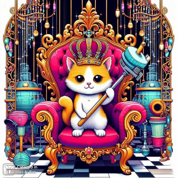 Король туалета: барочный кот с вантузом и разводным ключом. Изображение из нейронной сети Dalle-3